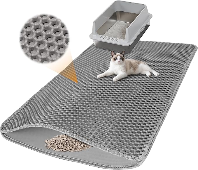 Large Cat Litter Mat for Litter Box, 47"×27.5" Double Layer Trapping Mat, Non-Slip Water Proof Kitty Litter Pad, Grey
