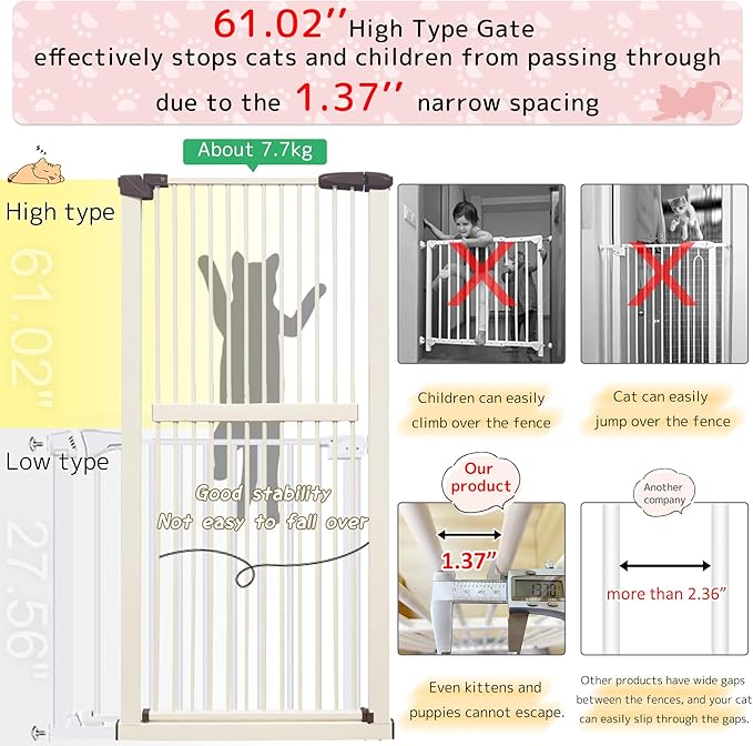 Lumizone Extra Tall Cat Gate 61.02" High Pressure Mounted Extra Wide 42.52"-46.64" (17Sizes) 1.37" Gap No Drilling Auto-Close Tall Pet Gate for Dogs (Cream, 42.52"-46.64"/108-118cm)