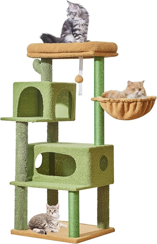 Taoqimiao Cat Tree,49-Inch Cat Tower for Indoor Cats,2 Luxurious cat condo with Adjustable Large Hanging Baskets and Large Luxurious Perch Smoky Gray MS029LT Cactus