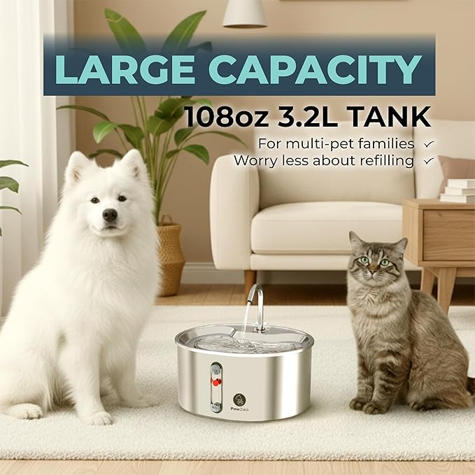 Cat Water Fountain: 108oz/3.2L Ultra Quiet with Cat Fountain Water Level Window, Pet Water Fountain Bundle with 4 Extra Filters and Motion Sensor