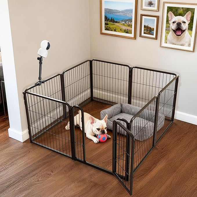 FXW Homeplus Unleashed Indoor Dog Playpen - Stress-Free and Safe Play, Heavy Duty 24 Inch 8 Wire Panels with Playpen Camera Mount for Puppy and Small Dogs, Black│Patented