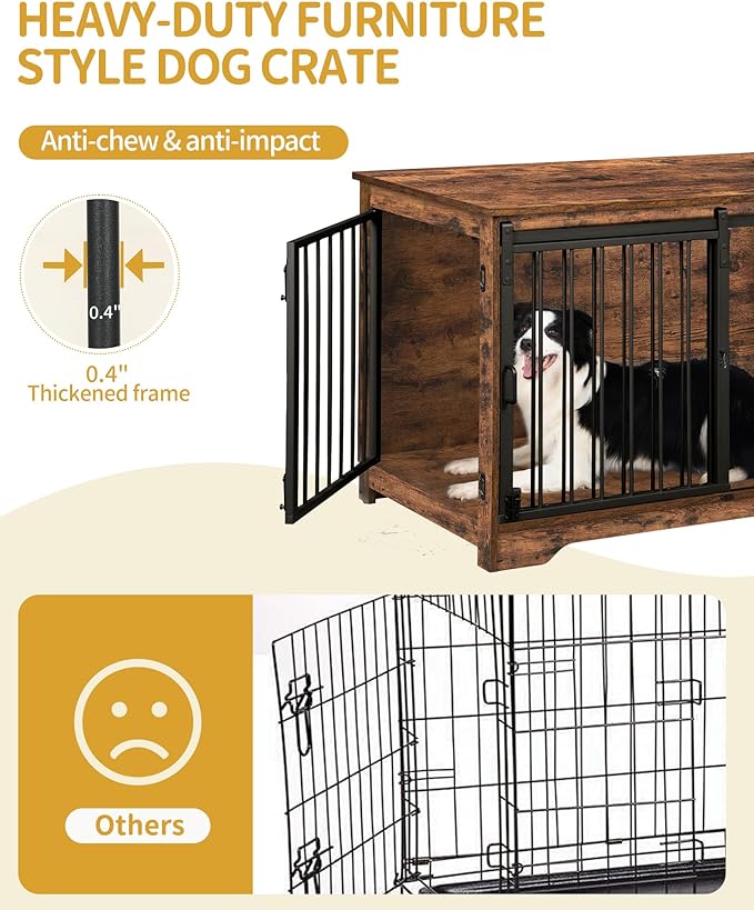 39.3" Dog Crate Furniture with Barn Door, Heavy Duty Dog Kennel Indoor with 2 Doors, Wooden Pet Cage End Table for Large Small Medium Dogs, Anti-Chew Anti-Escape, Rustic Brown DFC02301B