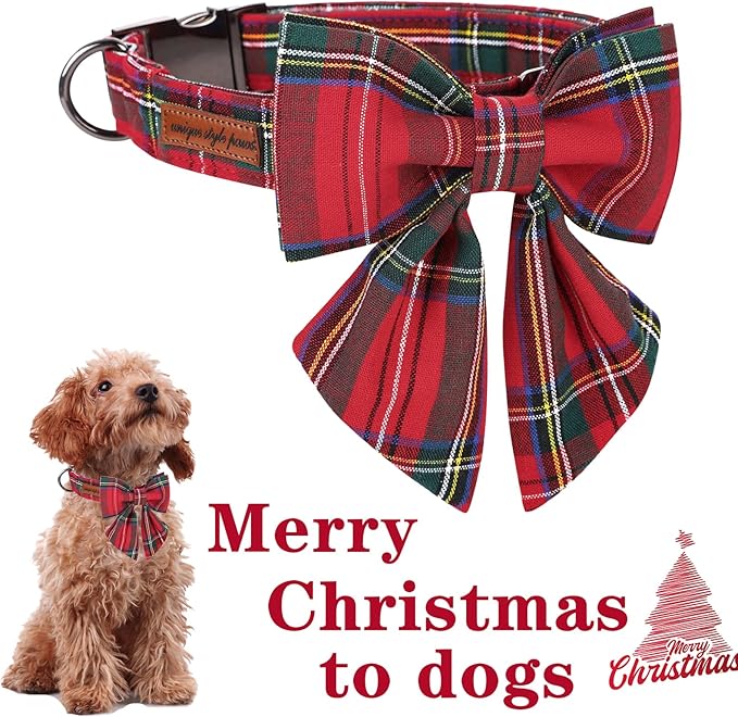 Unique style paws Christmas Dog Collar with Bow Tie Red Plaid Puppy Collar for Small Medium Large Dogs as Autumn Winter Gifts -XL