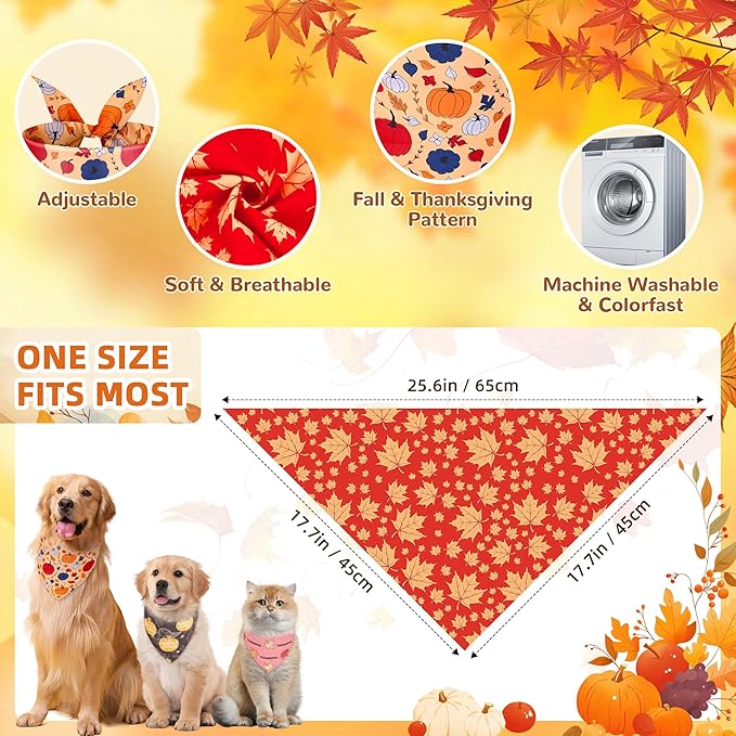 200 Pcs Fall Dog Bandanas Bulk Thanksgiving Pet Scarves Autumn Adjustable Bibs for X-M-L Dogs Washable Holiday Puppy Kerchief for Groomers Shelters