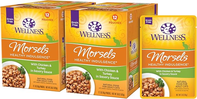 Wellness Healthly Indulgence Morsels Adult Wet Cat Food, Natural, Protein-Rich, Grain Free, 3 Ounce Pouch, 24 Pack, (Chicken & Turkey)