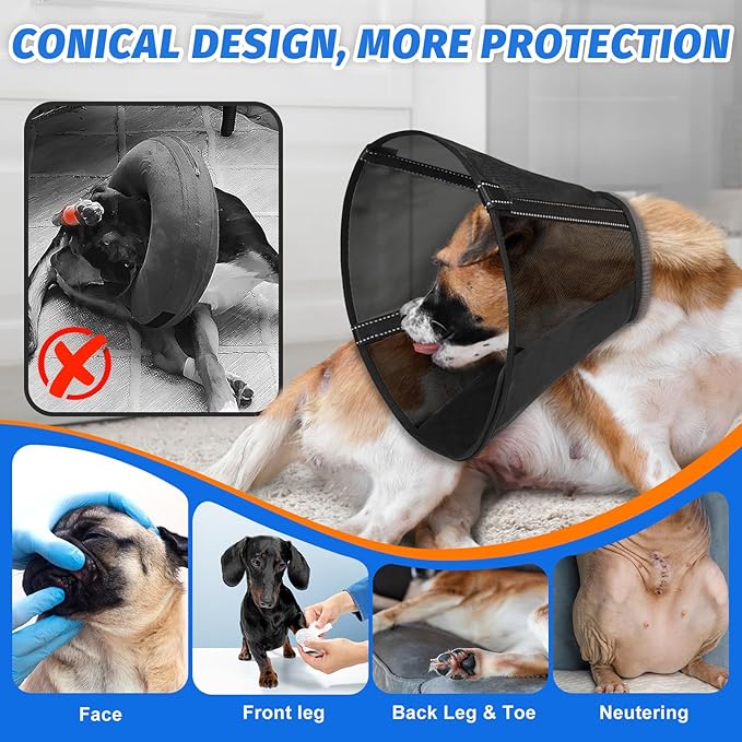 Dog Cone Collar to Stop Licking, Mesh Recovery Collar After Surgery for Large Medium Small Dogs, Alternative to Elizabeth Cone of Shame (Black,1)
