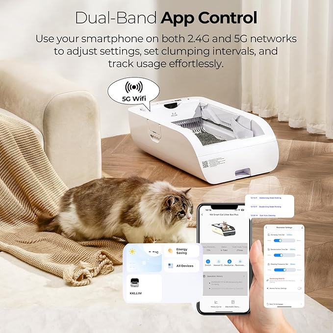 Self-Cleaning Automatic with Open-Top Design Cat Litter Box-Smart APP Control (2.4G/5G) with Health Tracking&24H Backup, Dual Safety Sensors&Odorless Design for Multi-Cat Homes (with Tent)