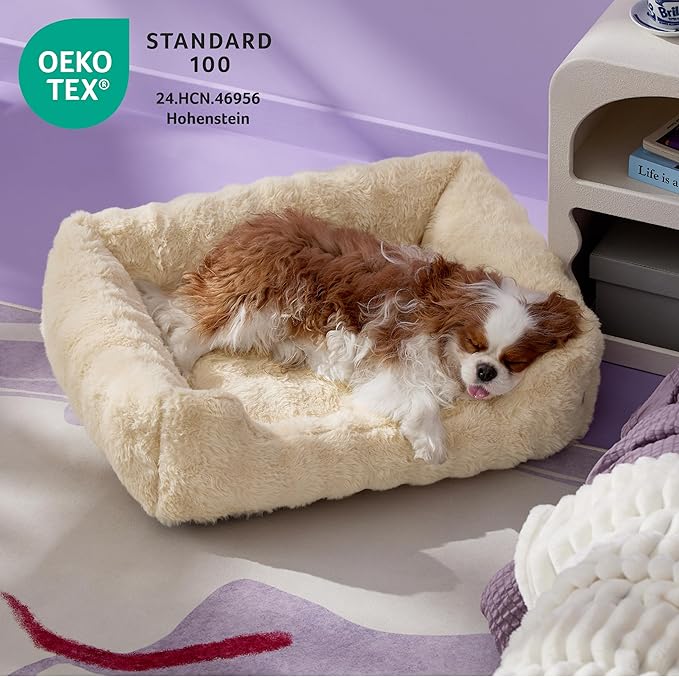 LE SURE Fluffy Dog Beds for Medium Dogs - Rectangle Orthopedic Calming Pet Sofa,Plush Bubble Bolster Pet Bed with Removable Washable Cover and Nonskid Bottom,30x24x8inches,Beige