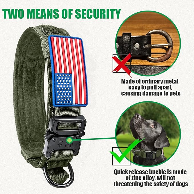 Tactical Military Dog Collar - Adjustable Nylon, Heavy Duty Metal Buckle with Handle for Training, Patches (Green, XL)
