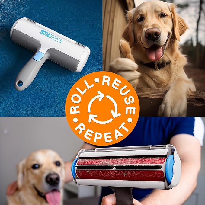 Triton Pet Hair Remover w/Fur Trapping Compartment - Easy to Use Pet Hair Removal Tool - Detachable Handle Cat & Dog Hair Remover for Car, Furniture, Clothes, Couch - Reusable Lint Roller (Gray/White)