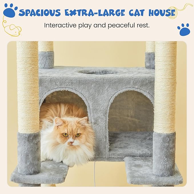 MWPO 74.8 inches Large Cat Tree with Sisal-Covered Scratching Posts & Condo, Tall Cat Tower Entertainment Playground Furniture for Cats & Kittens - Multiple Colors-Light Gray