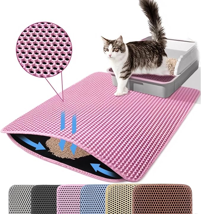 Jumbo Cat Litter Mat, 46x26 Inches Double Layer Honeycomb Litter Trapping Mat, Non Slip Waterproof Urine Proof Extra Large Cat Litter Box Mat, Kitten Supplies and Essentials, XXL, Pink