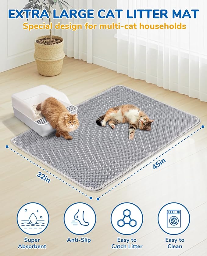 BurgeonNest 45"x32" Extra Large Cat Litter Mat, Honeycomb Double Layer Kitty Litter Trapping Mat, Urine Proof & Waterproof, Easy Clean, Machine Washable, Non-Slip, Scatter Control-Grey
