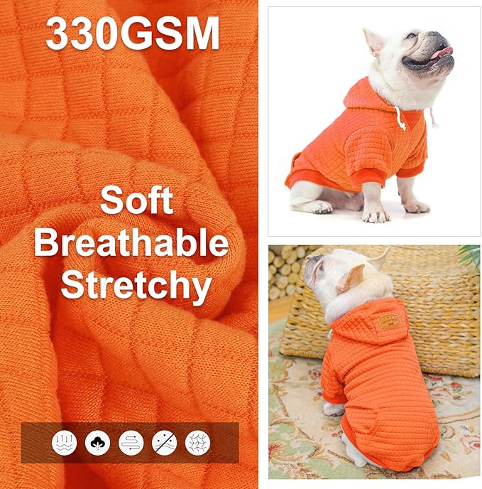 BEAUTYZOO Small Dog Hoodie Sweater with Pockets, Dog Clothes for Small Medium Dogs Boy Girl, Waffle-Like Laminated Cotton Pet Coats with Hat and Leash Hole, Orange SM