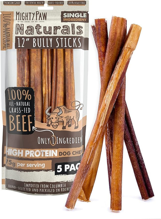 Mighty Paw Long Lasting 12" Bully Sticks for Dogs - All Natural Grass Fed Beef Chews. Lower Odor Dog Bully Sticks for Large Dogs, Medium and Small Breeds. Single Ingredient Treats