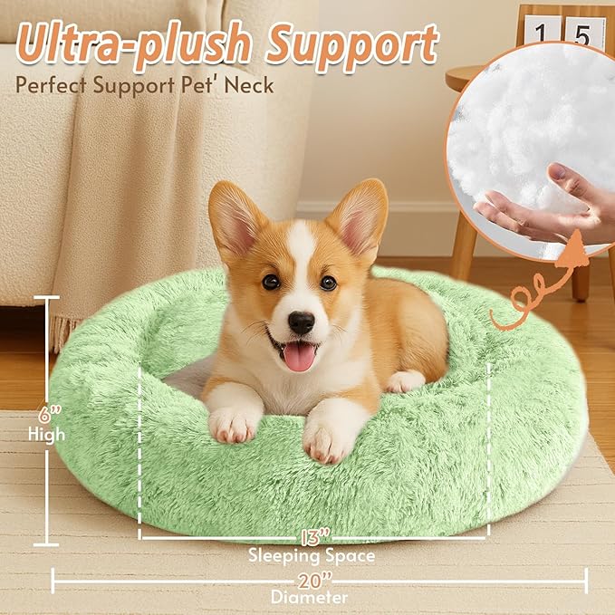 JOLLYVOGUE Calming Dog & Cat Bed for Small Dogs, Anti-Anxiety Donut Cuddler Cozy Soft Round Bed with Anti-Slip Bottom, Fluffy Faux Fur Plush Cushion Beds for Small Medium Pets (20")