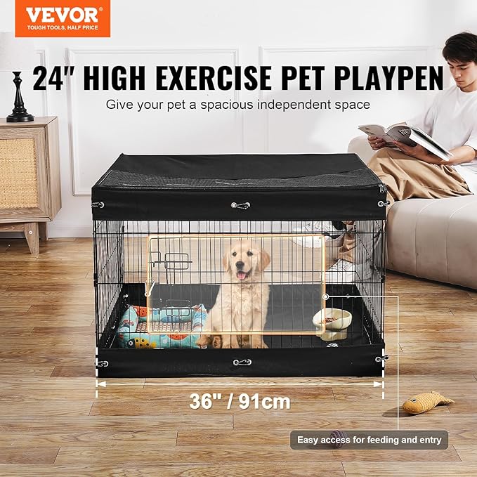 VEVOR Dog Playpen, 4 Pcs 24 x 36 in Panels Foldable Metal Pet Exercise Pen, Dog Fence Indoor and Outdoor Pen with Door, Top Cover, and Bottom Pad, Pet Playpen for Dogs, Cats and Other Small Animals