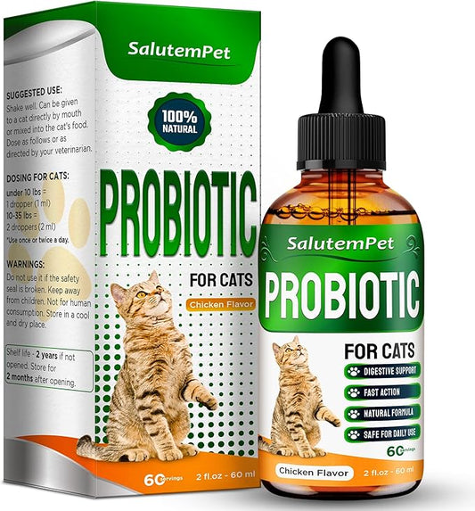 Probiotics for Cats for Digestive Support – Cat Probiotics for Indoor Cats Help with Colic, Upset Stomachs, Diarrhea, Gas, and Bloating – Prebiotics + Pleasant Chicken Flavor Inside – 2 Oz