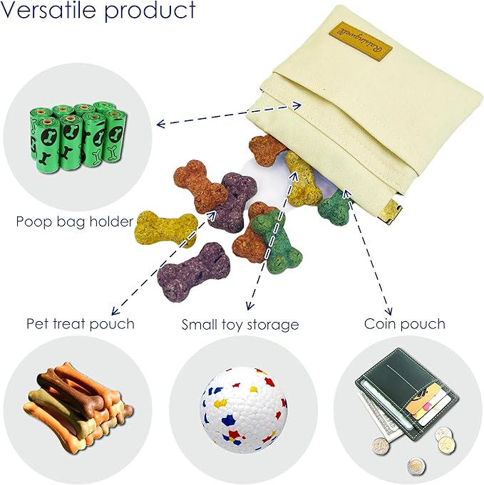 Dog Treat Pouch, Lvory Pocket Sized Pet Training Pouch, Cotton Fabric, Hand Free Dog Walking Bag with Carabiner, Self-Closing Pet Feed Snack Reward, for Puppy Travel or Outdoor Use
