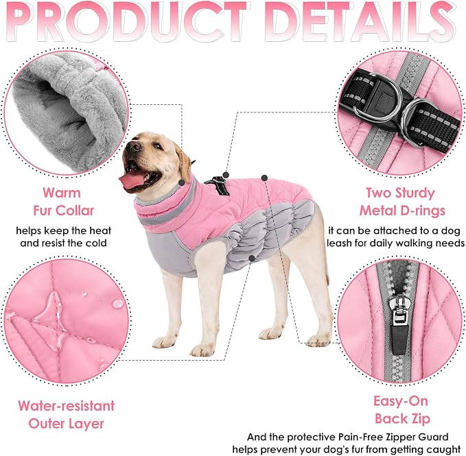 AOFITEE Dog Coat, Warm Dog Jacket, Reflective Winter Coats for Medium Dogs, Turtleneck Dogs Winter Jacket with Harness Built in, Waterproof Windproof Pet Fleece Vest Puffer Jacket, Pink M