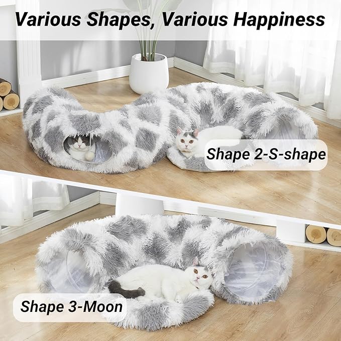 LUCKITTY Warm Fluffy Plush Cat Dog Tunnel Bed with Washable Cushion- Big Tube Playground Toys 3 FT Diameter Collapsible, for Indoor Cat Kitty Kitten Puppy Rabbit Ferret Gray-White Diamond Pattern