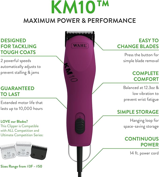 Wahl Professional Animal KM10 2-Speed Brushless Motor Pet, Dog, and Horse Clipper Kit - Berry