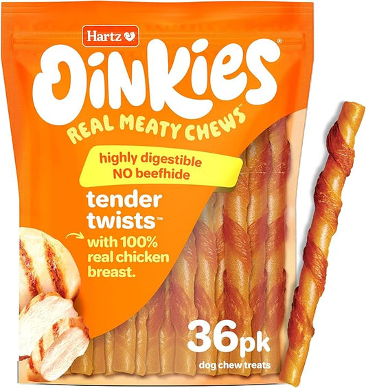 Hartz Oinkies Tender Twists with Real Chicken Breast Rawhide-Free Dog Treats, Highly Digestible Dog Chews, 36 Count