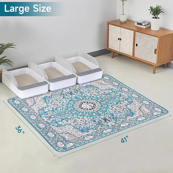 Cat Litter Mat, Reusable Kitty Litter Trapping Mat 2 PCs, 41"x36" Washable Litter Mats for Cats, Waterproof & Non-Slip Compatible with Cat Box (Lake Blue Medallion, 41"x36"(2 PCS))