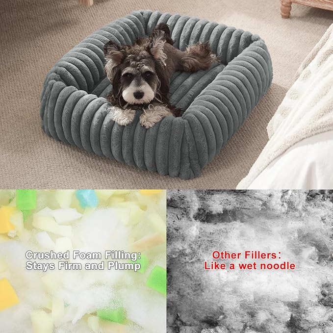 Dog Beds for Small Dogs, Washable Orthopedic Dog Bed with Removable Cover, Rectangle Soft Calming Sleeping Puppy Bed Durable Pet Cuddler with Anti-Slip Bottom, 20"x19"x6" Grey