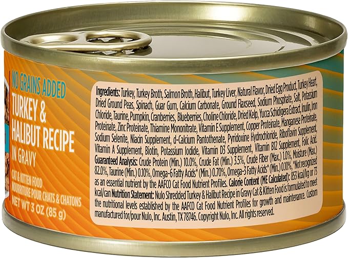 Nulo Turkey & Halibut Grain-Free Shredded Wet Canned Cat Food, 3 Ounce (Pack of 24)
