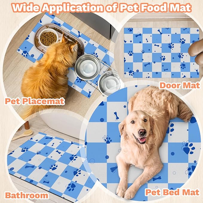Checkered Absorbent Dog Feeding Mat Quick Dry Diatom Mud Non-Slip Pet Food Placemats Pad with Rubber Backing for Food and Water Bowls 12"x20"