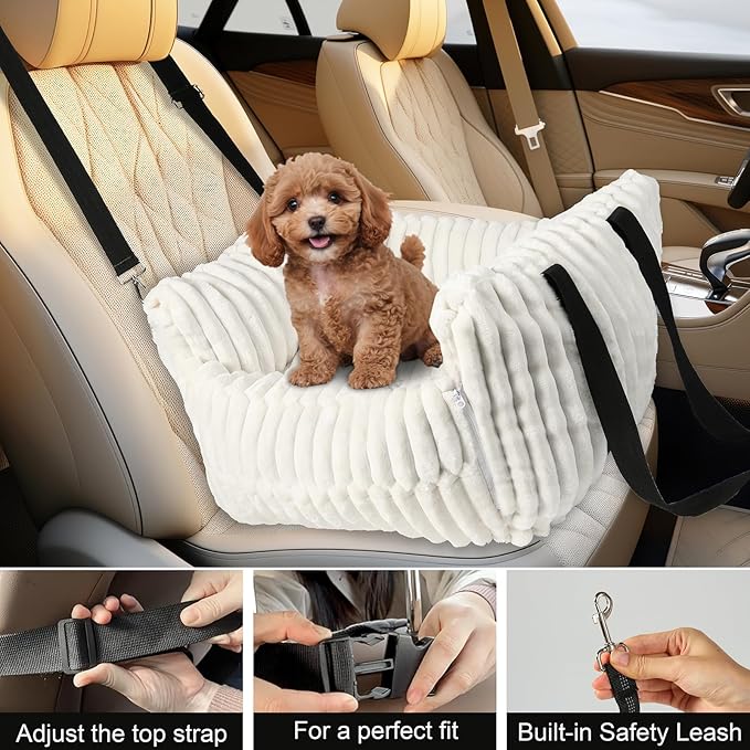Dog Car Booster Seat, for Small Dogs Under 30 lbs, Detachable Washable Travel Bed with Storage Pockets and Safety Belt (Beige, Medium)