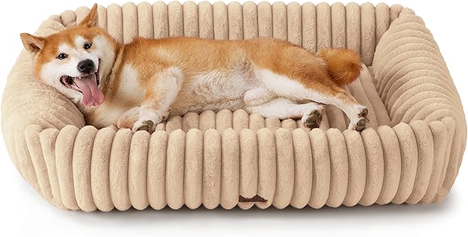 Bedsure Cute Dog Beds Large Sized Dog - Washable Furry Pet Beds, Rectangle Orthopedic Corduroy Fleece Puppy Beds with Removable Zipper Cover, 36x27x8inches,Sandy Beige