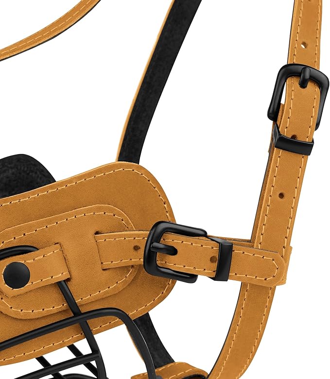 OOPSDOGGY Metal Pitbull Dog Muzzle Reflective Leather Mask Secure Wire Basket Muzzle for Large Sized Dogs Amstaff Soft Cage Muzzle to Prevent Biting Chewing with Adjustable Straps (Camel, Pitbull)