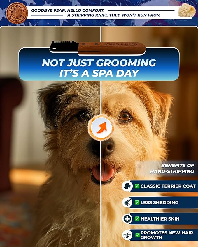 Stripping Knife for Dogs – Gentle Hand Stripping & Carding Knife for Terriers & Double-Coated Breeds, Solid Sapele Hardwood & Black Oxide Stainless Steel, Easy to Clean,Dog Grooming Tool(Left-Handed)