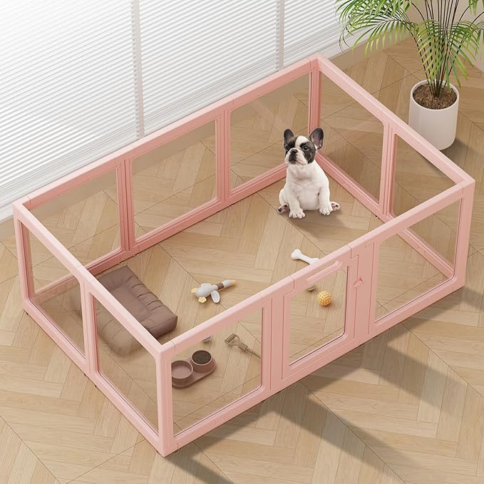 Clear Acrylic Dog Playpen Indoor, Puppy Cat Small Pet Play Pen, Pet Cat Foldable Playpen for Rabbits, Dog Fence Crate Kennel Whelping Cage (Pink, 10 Panel)