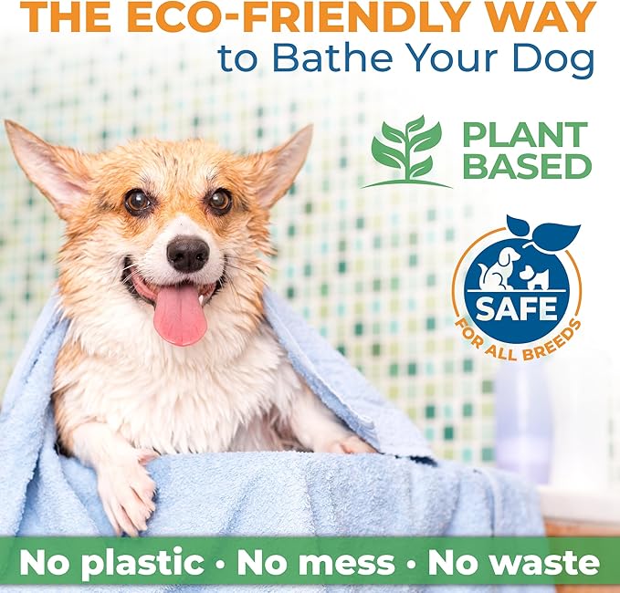 Dog Shampoo Sheets - Water Activated Hypoallergenic Shampoo Sheets for Dogs & Puppies - Lick-Safe, Gentle Hypoallergenic Plant-Based Formula - Portable & Tear-Free Travel-Friendly, Easy to Use