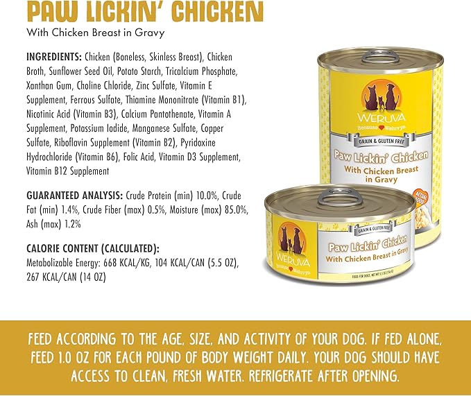 Weruva Classic Dog Food, Paw Lickin’ Chicken with Chicken Breast in Gravy, 14oz Can (Pack of 12)