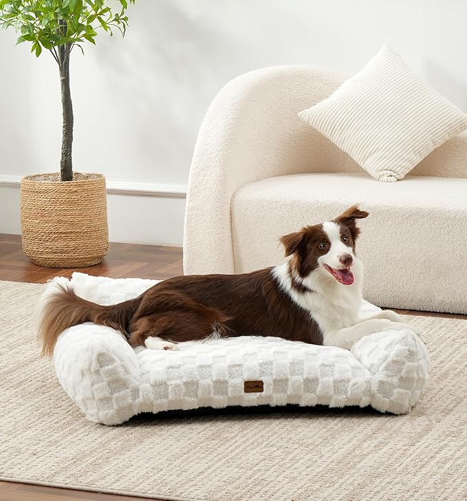 MADE 4 PETS Dog Couch Bed, Soft Faux Fur Checkered Indoor Pet Sofa, Comfortable Fluffy Dog Sofa with Supportive Foam, Removable Washable Cover with Non-Slip Base, White, Large