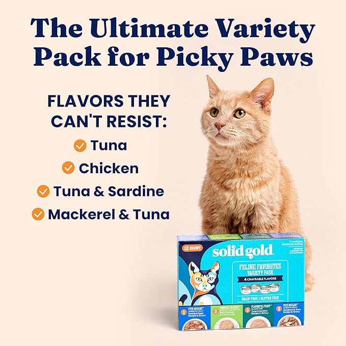 Solid Gold Wet Cat Food Variety Pack - Pate & Shreds in Gravy - Healthy Canned Cat Food Pate w/Real Chicken, Tuna, Mackerel & Sardine - Grain Free & Gluten Free Can Meals for Cats & Kittens - 24ct/3oz