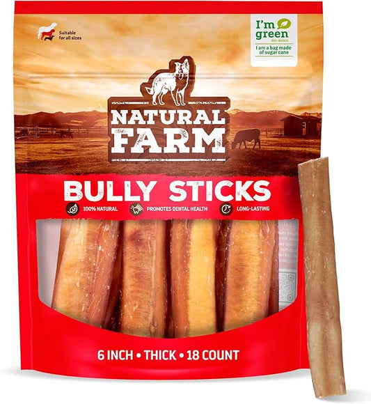 Natural Farm Odor-Free Thick Bully Sticks (6”, 18-pack) ALL-NATURAL Long-Lasting Dog Chews, 100% Beef Pizzle, Grass-Fed, Grain-Free, Protein for Muscle Development & Energy, Perfect For Medium Chewers