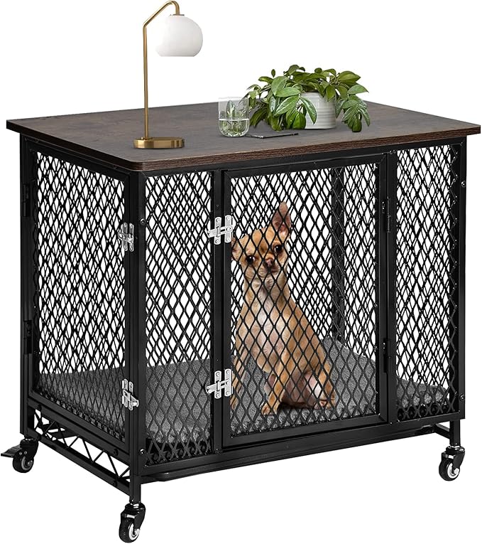 Dog Crate Furniture with Cushion, Wooden Dog Crate Table, Modern Kennel for Dogs Indoor, Heavy-Duty Dog Cage with Multi-Purpose Removable Tray, 27.2" L