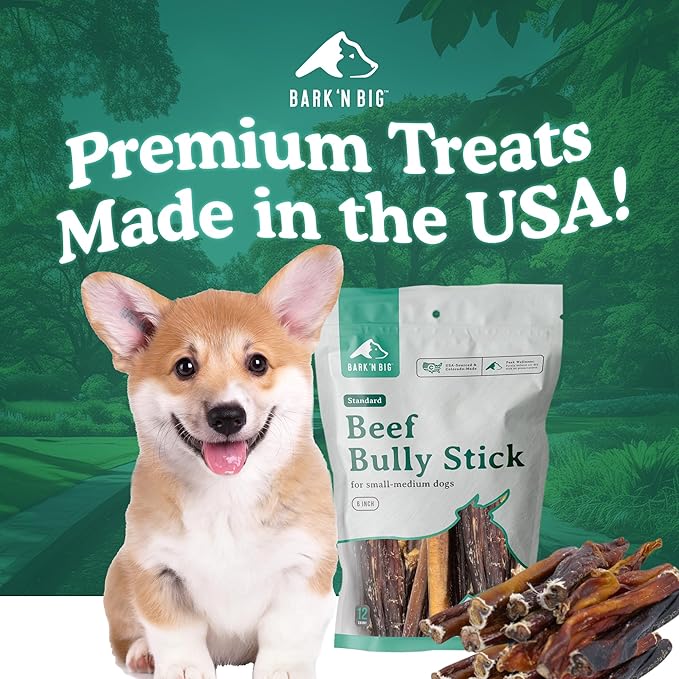 BARK'N BIG 6 Inch Odor Free Bully Sticks for Dogs Made in USA - Single Ingredient Dog Chew - Premium Pizzle Sticks - Beef Pizzles for Small and Medium Breeds - 12 Count