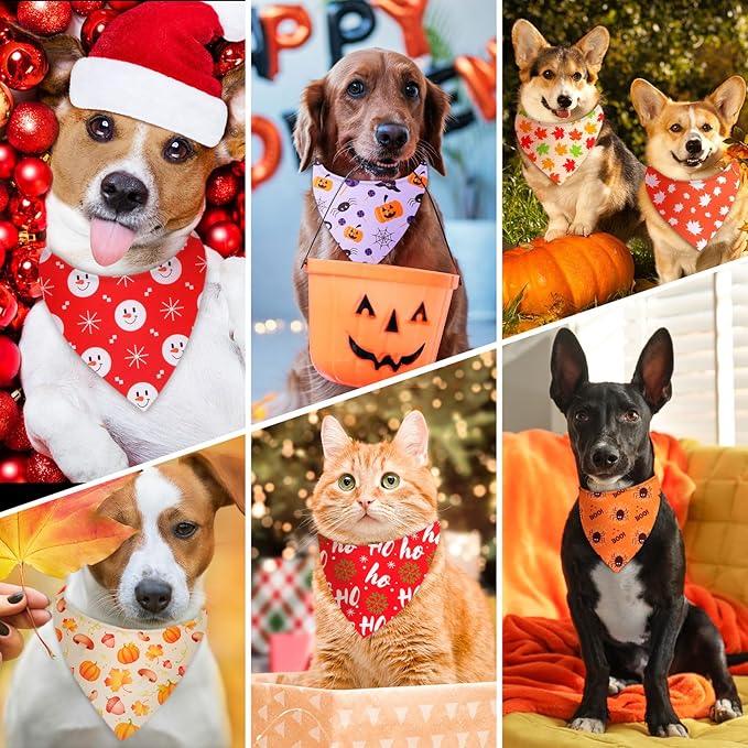 Chunful 120 Pcs Holiday Dog Bandanas Bulk for Fall Thanksgiving Halloween Christmas with Maple Leaf Pumpkin Ghost Snowman Adjustable Triangle Pet Scarf for Small Medium Large (25.6x17.7x17.7 in)
