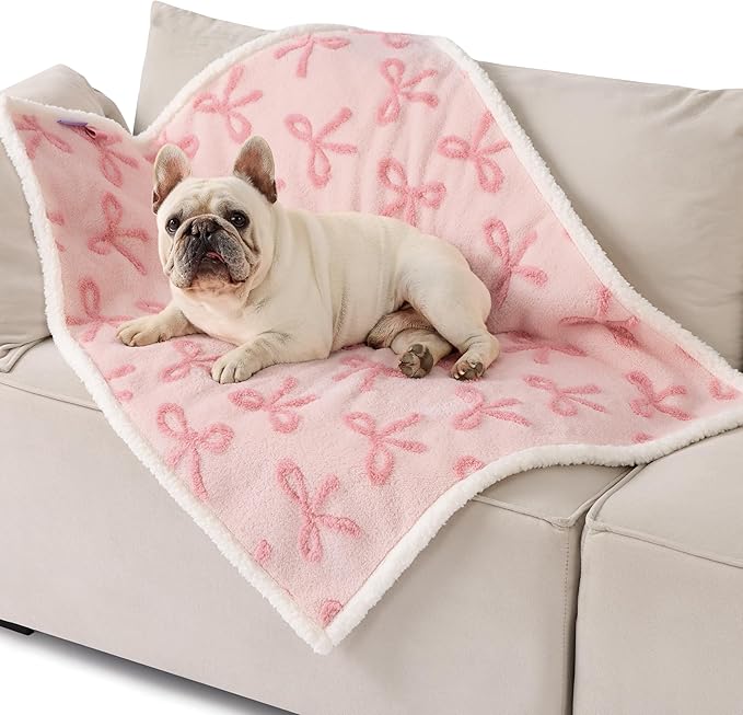 Lesure Waterproof Puppy Blanket for Medium Dogs - Washable Double Sided Dog Blankets with Warm Jacquard Shag and Soft Sherpa Fleece, Pet Cat Blanket for Couch Protection, Bow Design，Pink Taffy