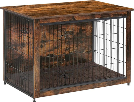 DWANTON Dog Crate Furniture with Cushion, Wooden Kennel Table with Double Doors, Indoor Dog House, Medium Size, 32.5" L, Rustic Brown
