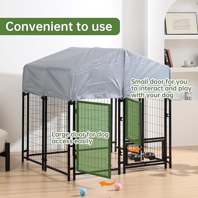 Outdoor Dog Enclosure Heavy Duty Dog Kennel House Mesh Dog Big Cage Pet Kennel Steel Fence with Secure Lock and UV-Resistant Waterproof Roof Cover for Outside (4x4x6 FT)
