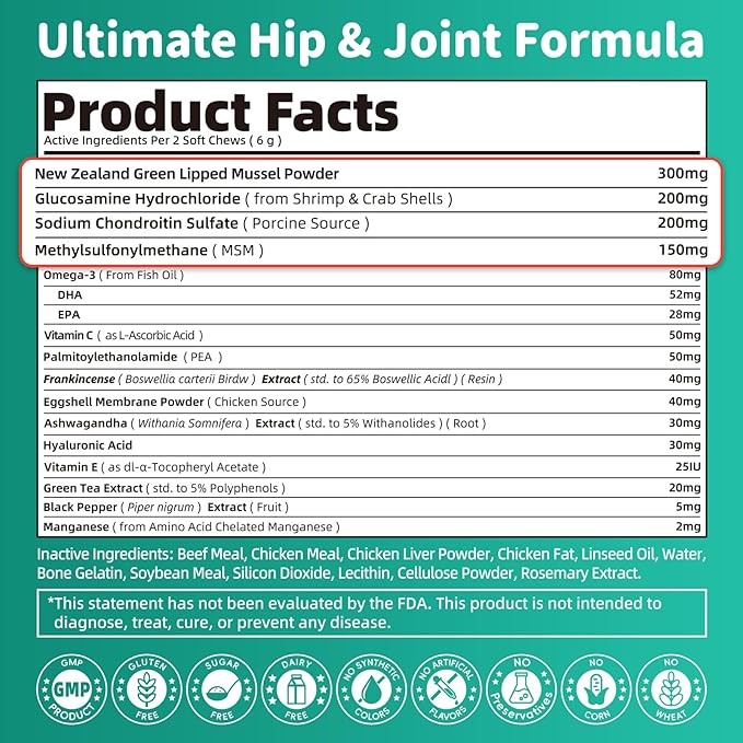 Dog Hip and Joint Supplement, 15-in-1 Advanced Glucosamine for Dogs with Chondroitin, MSM, New Zealand GLM, Pea, Omega 3 - Beef Flavor - 90 Soft Chews, Fits All Breeds and Sizes