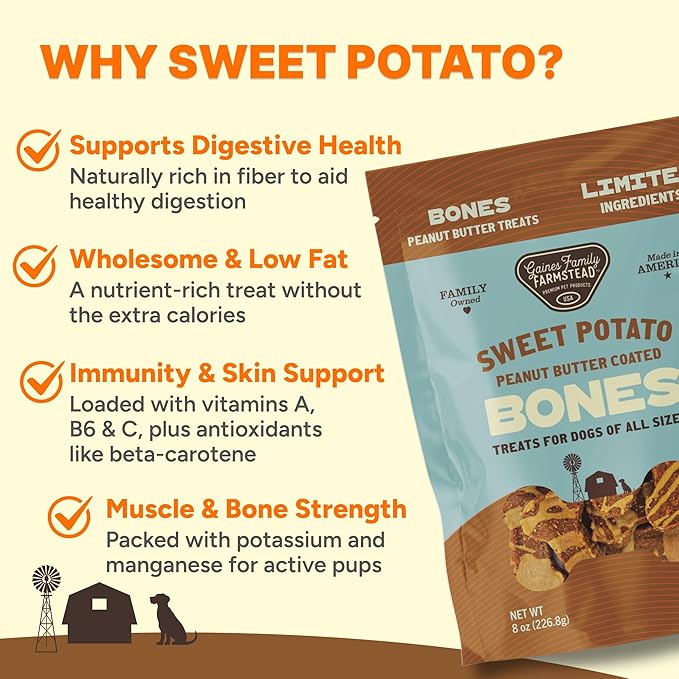 Gaines Family Farmstead Peanut Butter Coated Sweet Potato Dog Bones – 40 oz Bag, Grain-Free, Chewy, Natural Dog Treats for Digestion, Skin, Energy & Immunity – Limited Ingredient, Made in USA