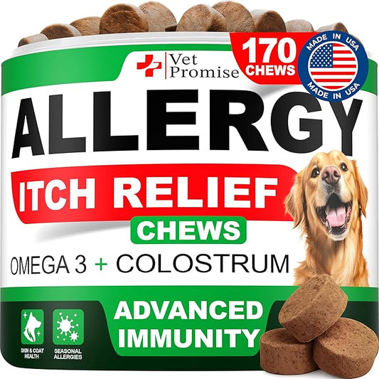 Dog Allergy Relief Chews - 170 Dog Allergy Chews - Itch Relief for Dogs - Anti Itch for Dogs - Dry & Itchy Skin - Allergies & Immune Support Supplement, Omega 3 Fish Oil, Colostrum - Made in USA